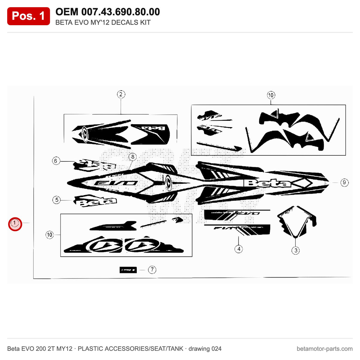 BETA EVO MY'12 DECALS KIT – OEM 007.43.690.80.00, position 1 on the Beta EVO 200 2T MY12 plastic accessories/seat/tank drawing