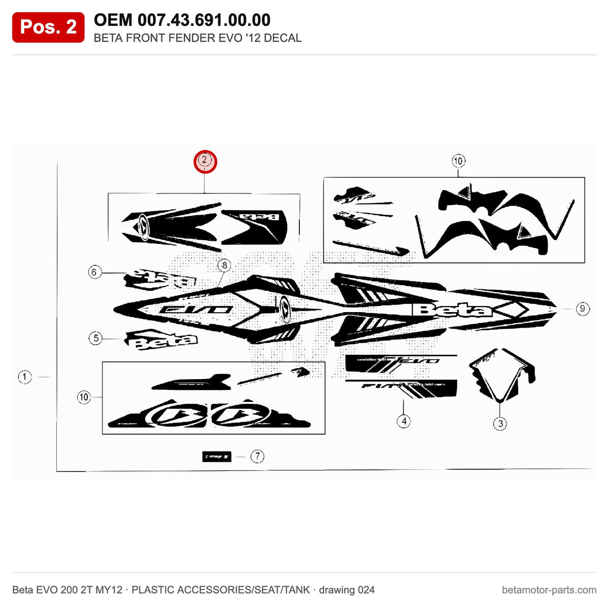 BETA FRONT FENDER EVO '12 DECAL – OEM 007.43.691.00.00, position 2 on the Beta EVO 200 2T MY12 plastic accessories/seat/tank drawing
