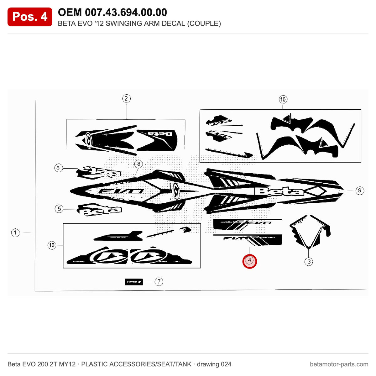 BETA EVO '12 SWINGING ARM DECAL (COUPLE) – OEM 007.43.694.00.00, position 4 on the Beta EVO 200 2T MY12 plastic accessories/seat/tank drawing