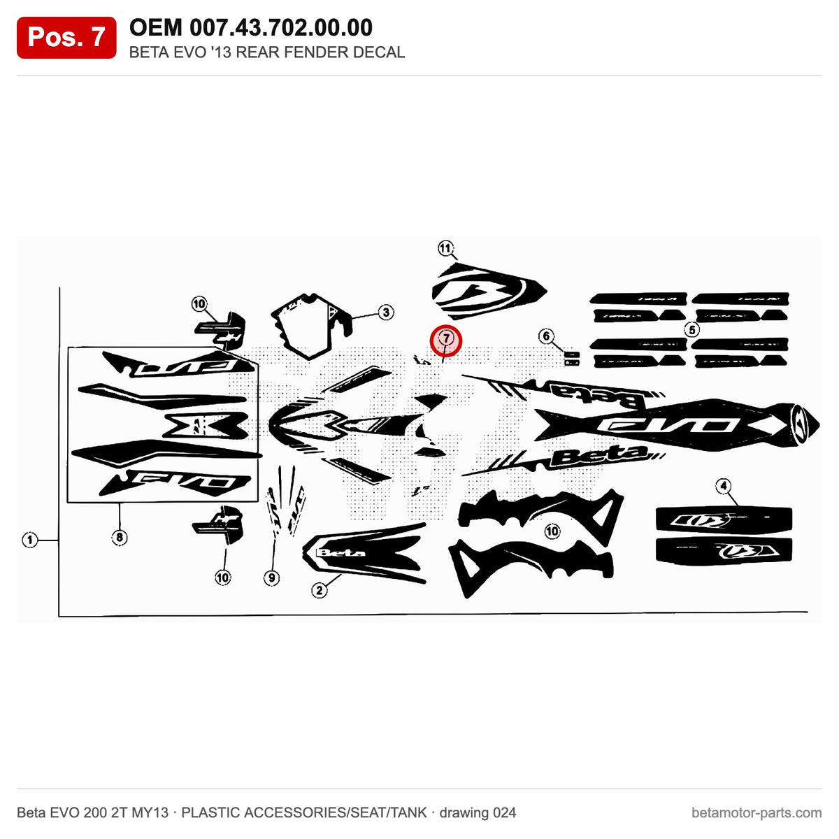 BETA EVO '13 REAR FENDER DECAL – OEM 007.43.702.00.00, position 7 on the Beta EVO 200 2T MY13 plastic accessories/seat/tank drawing