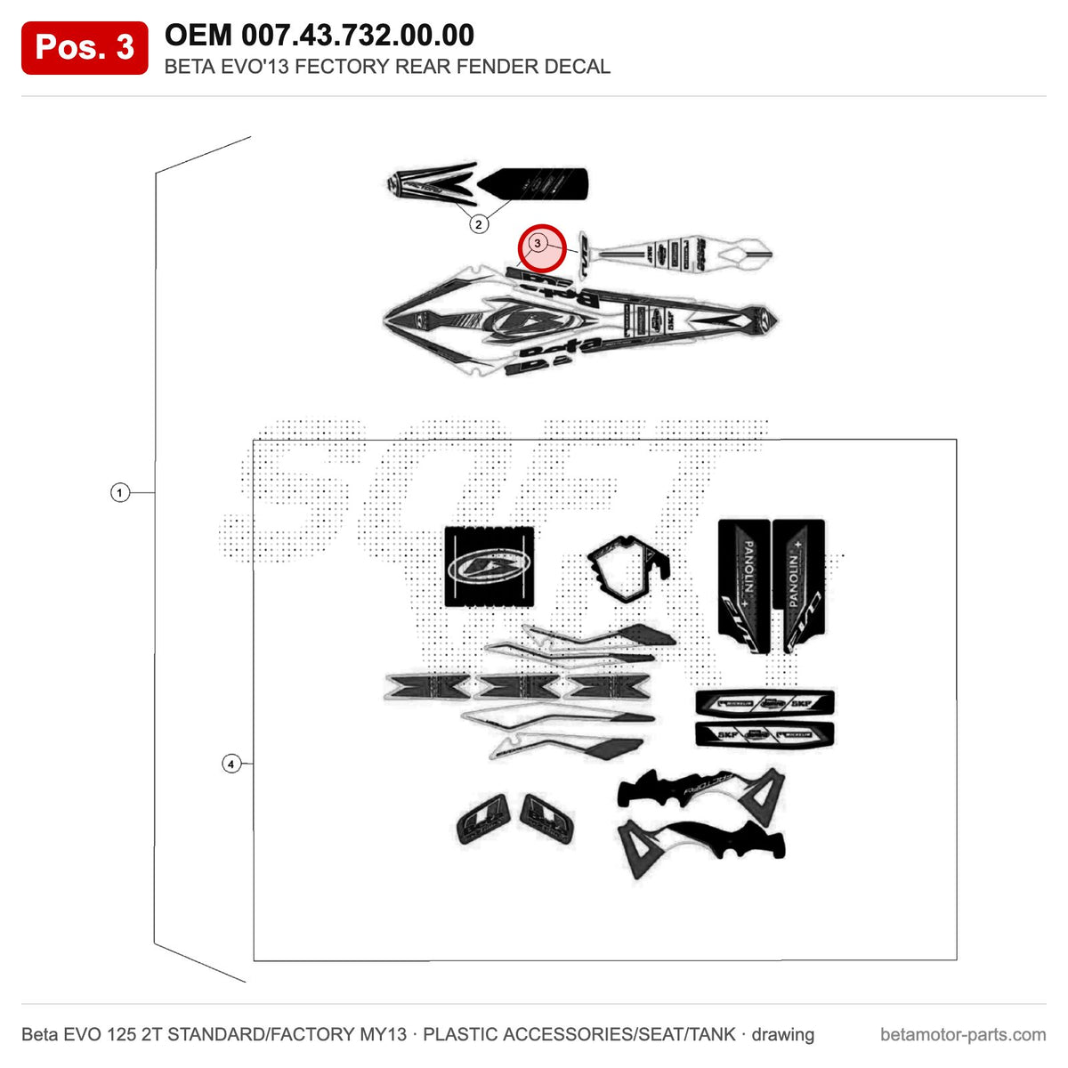 BETA EVO'13 FECTORY REAR FENDER DECAL – OEM 007.43.732.00.00, position 3 on the Beta EVO 125 2T STANDARD/FACTORY MY13 plastic accessories/seat/tank drawing