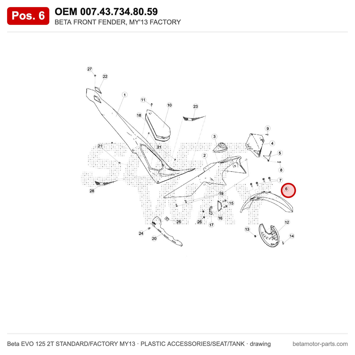 BETA FRONT FENDER, MY'13 FACTORY – OEM 007.43.734.80.59, position 6 on the Beta EVO 125 2T STANDARD/FACTORY MY13 plastic accessories/seat/tank drawing