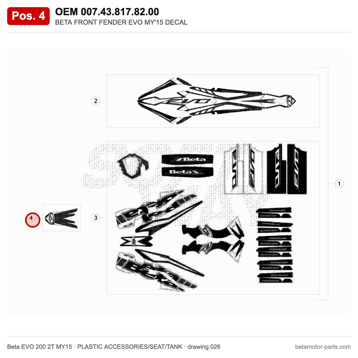 BETA FRONT FENDER EVO MY'15 DECAL – OEM 007.43.817.82.00, position 4 on the Beta EVO 200 2T MY15 plastic accessories/seat/tank drawing