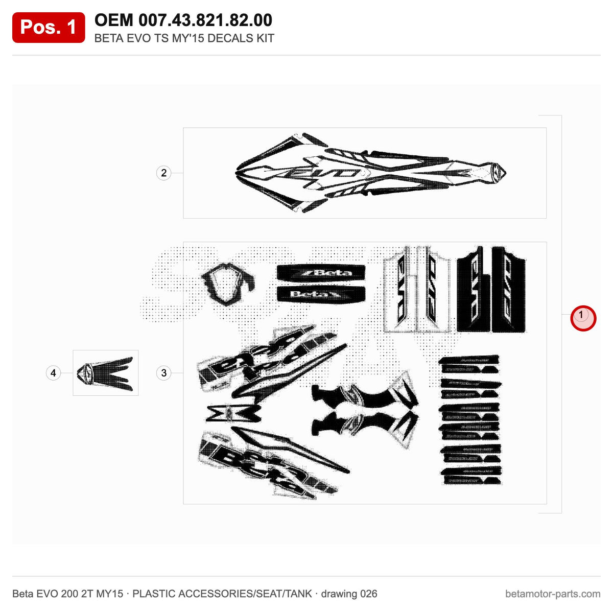 BETA EVO TS MY'15 DECALS KIT – OEM 007.43.821.82.00, position 1 on the Beta EVO 200 2T MY15 plastic accessories/seat/tank drawing