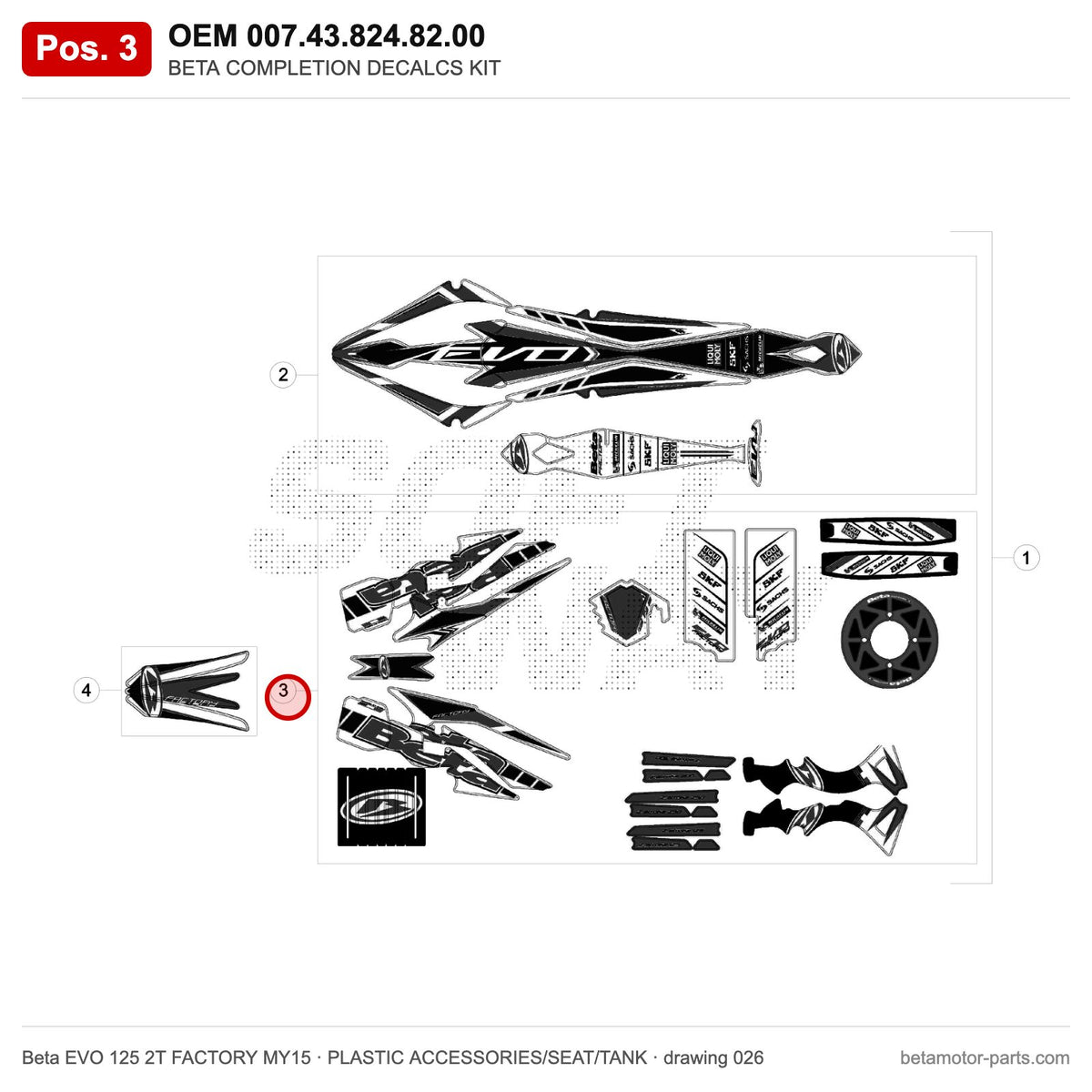 BETA COMPLETION DECALCS KIT – OEM 007.43.824.82.00, position 3 on the Beta EVO 125 2T FACTORY MY15 plastic accessories/seat/tank drawing