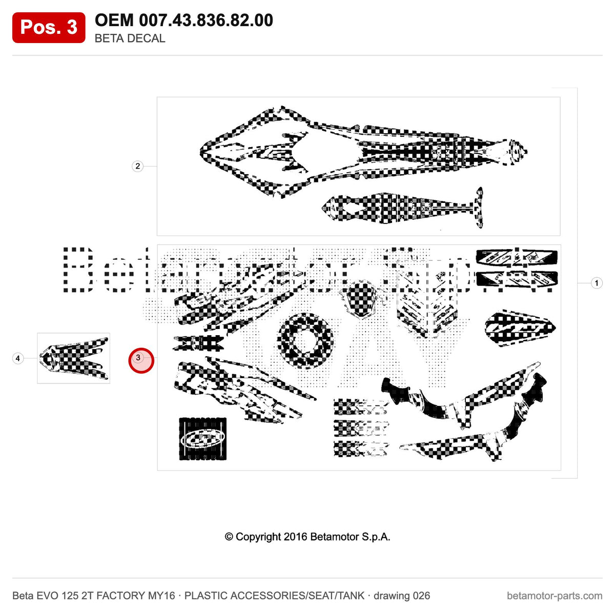 BETA DECAL – OEM 007.43.836.82.00, position 3 on the Beta EVO 125 2T FACTORY MY16 plastic accessories/seat/tank drawing
