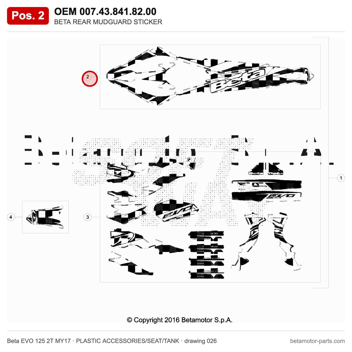 BETA REAR MUDGUARD STICKER – OEM 007.43.841.82.00, position 2 on the Beta EVO 125 2T MY17 plastic accessories/seat/tank drawing