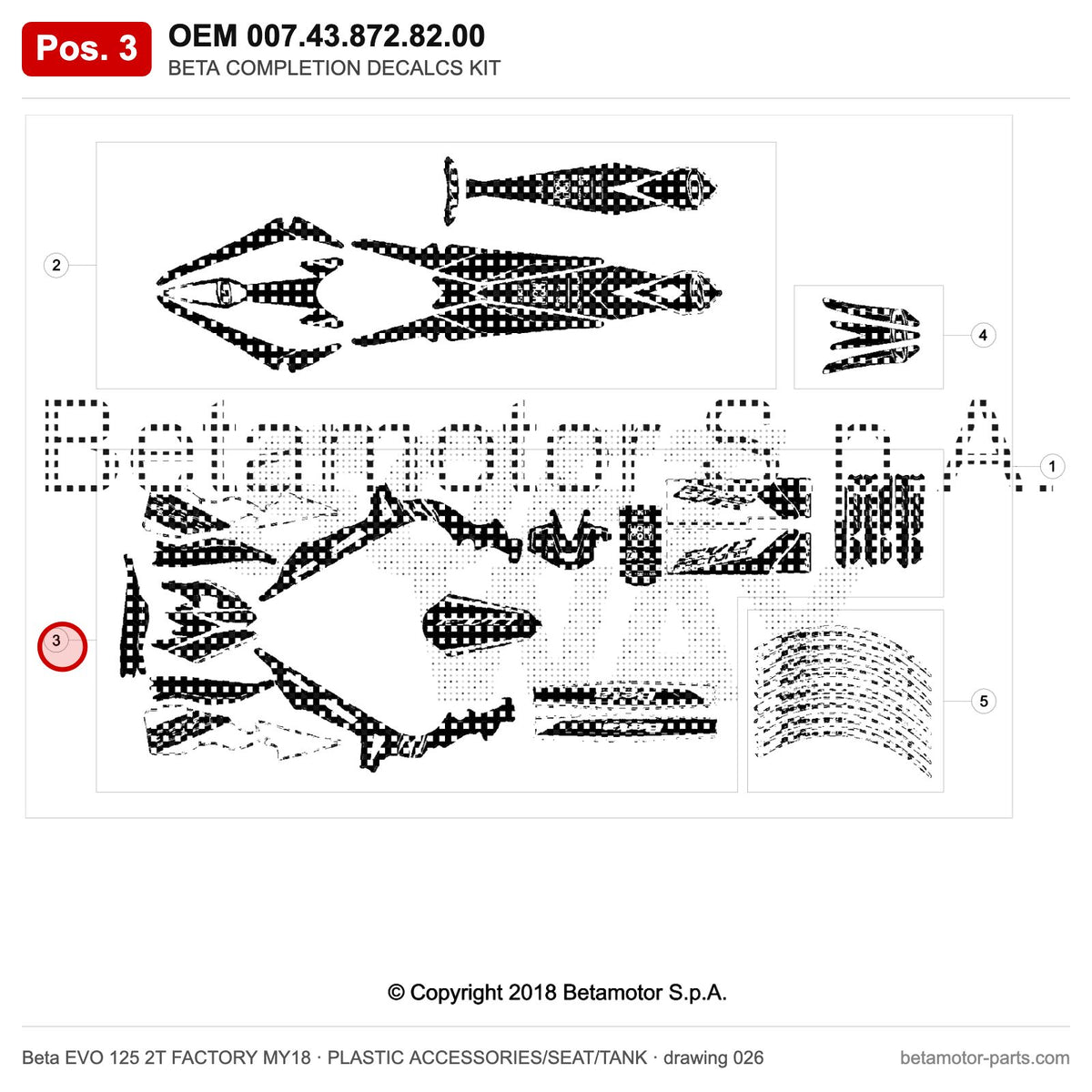 BETA COMPLETION DECALCS KIT – OEM 007.43.872.82.00, position 3 on the Beta EVO 125 2T FACTORY MY18 plastic accessories/seat/tank drawing