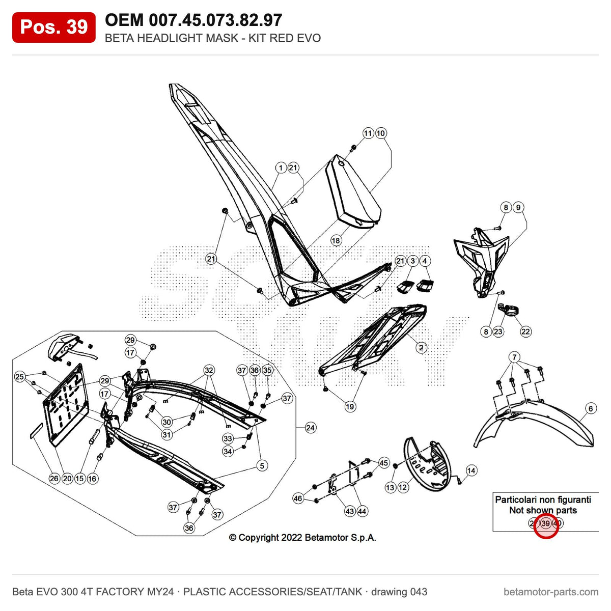 BETA HEADLIGHT MASK - KIT RED EVO – OEM 007.45.073.82.97, position 39 on the Beta EVO 300 4T FACTORY MY24 plastic accessories/seat/tank drawing