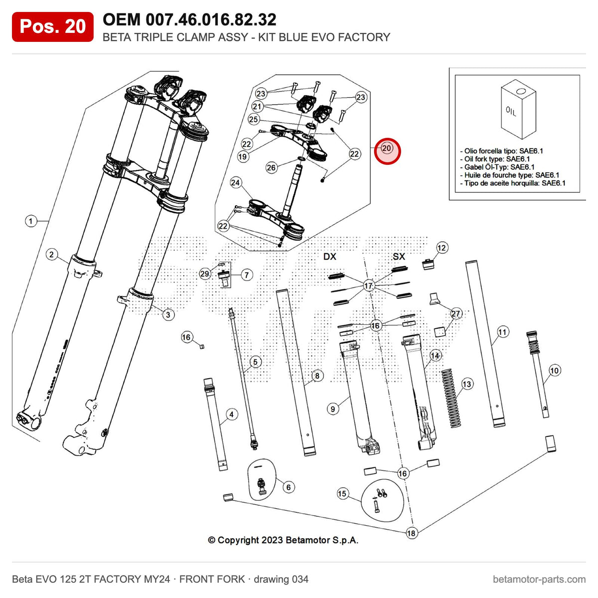BETA TRIPLE CLAMP ASSY - KIT BLUE EVO FACTORY – OEM 007.46.016.82.32, position 20 on the Beta EVO 125 2T FACTORY MY24 front fork drawing