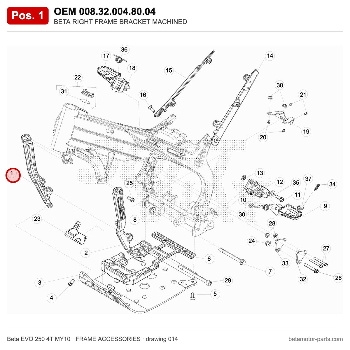 BETA RIGHT FRAME BRACKET MACHINED – OEM 008.32.004.80.04, position 1 on the Beta EVO 250 4T MY10 frame accessories drawing