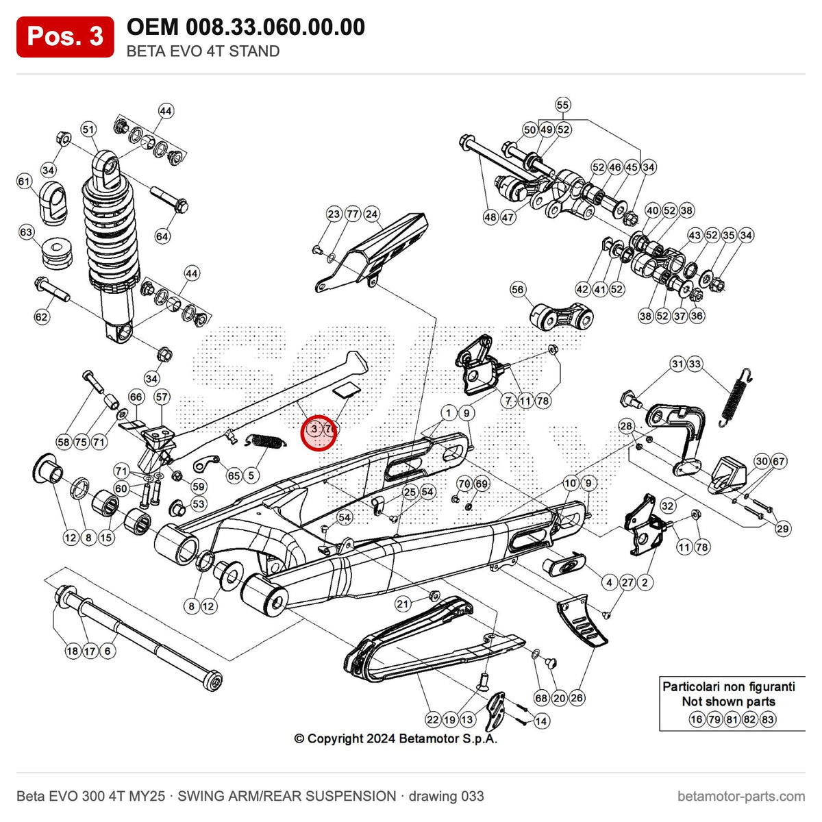 BETA EVO 4T STAND – OEM 008.33.060.00.00, position 3 on the Beta EVO 300 4T MY25 swing arm/rear suspension drawing