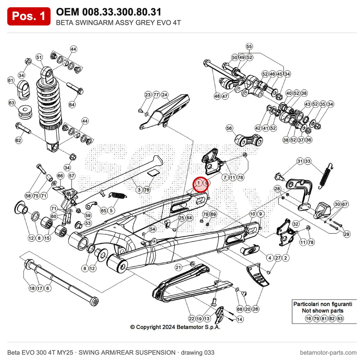 BETA SWINGARM ASSY GREY EVO 4T – OEM 008.33.300.80.31, position 1 on the Beta EVO 300 4T MY25 swing arm/rear suspension drawing