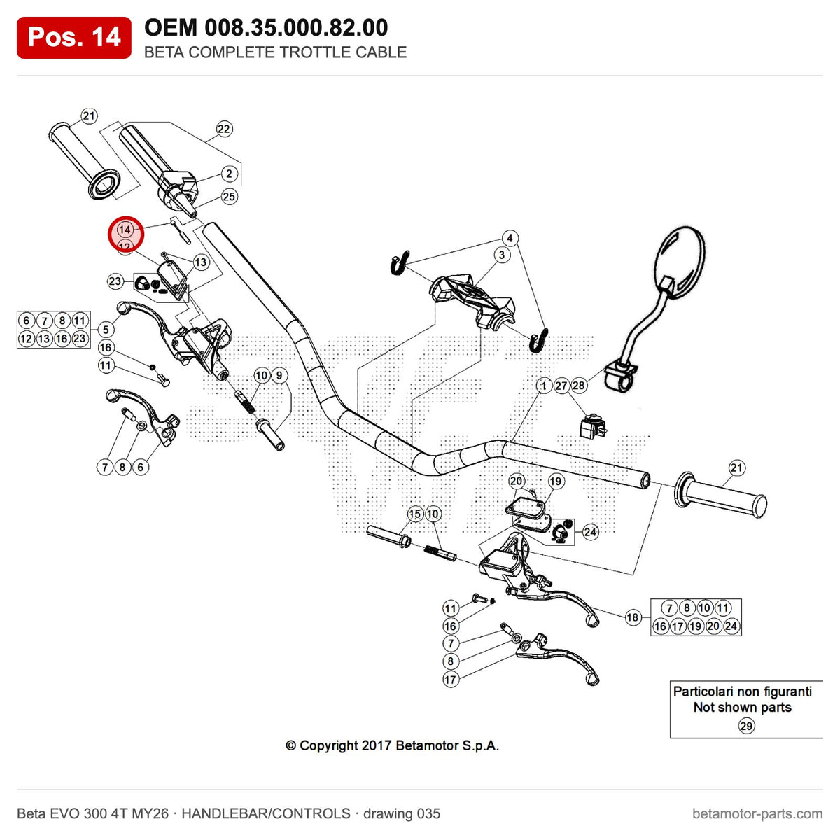 BETA COMPLETE TROTTLE CABLE – OEM 008.35.000.82.00, position 14 on the Beta EVO 300 4T MY26 handlebar/controls drawing