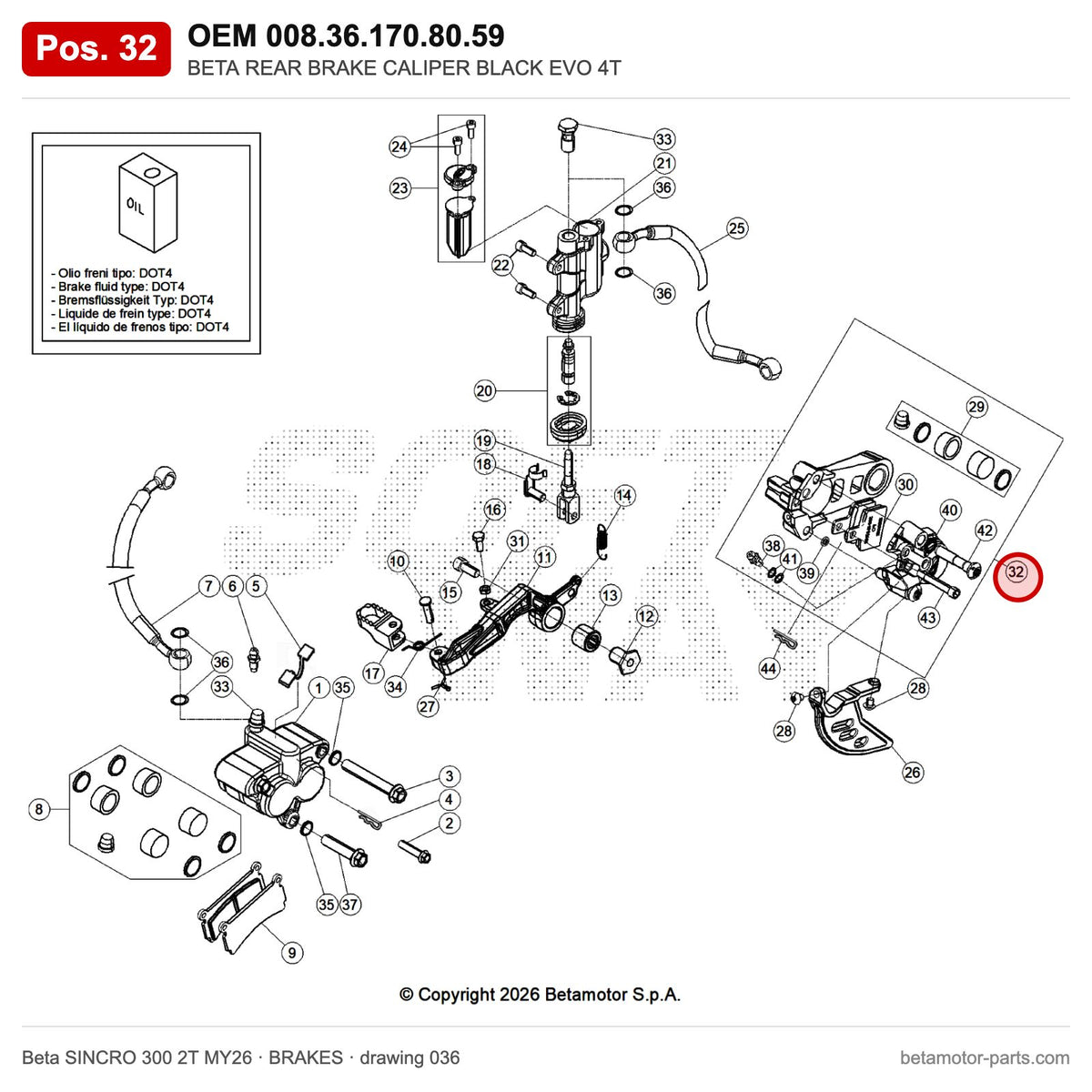 BETA REAR BRAKE CALIPER BLACK EVO 4T – OEM 008.36.170.80.59, position 32 on the Beta SINCRO 300 2T MY26 brakes drawing