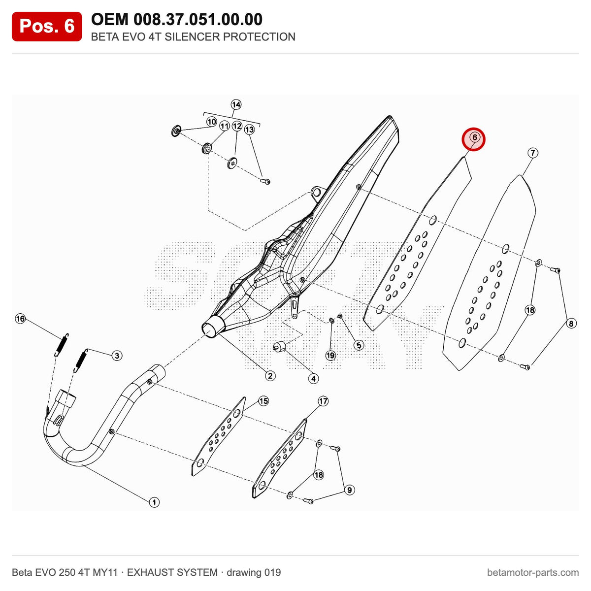 BETA EVO 4T SILENCER PROTECTION – OEM 008.37.051.00.00, position 6 on the Beta EVO 250 4T MY11 exhaust system drawing