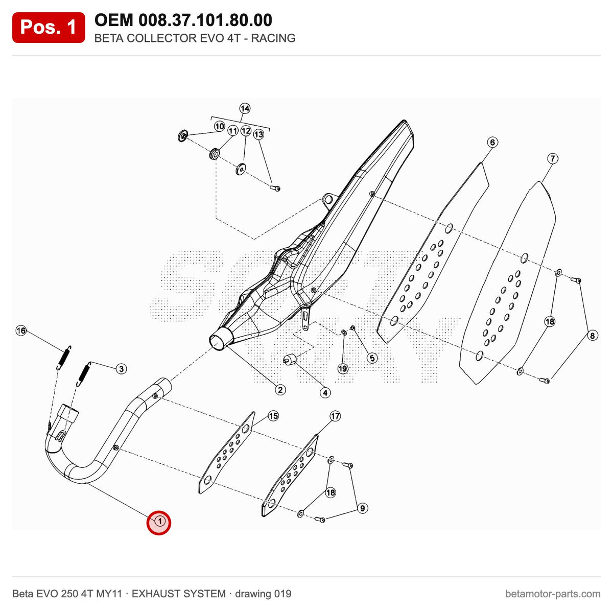 BETA COLLECTOR EVO 4T - RACING – OEM 008.37.101.80.00, position 1 on the Beta EVO 250 4T MY11 exhaust system drawing