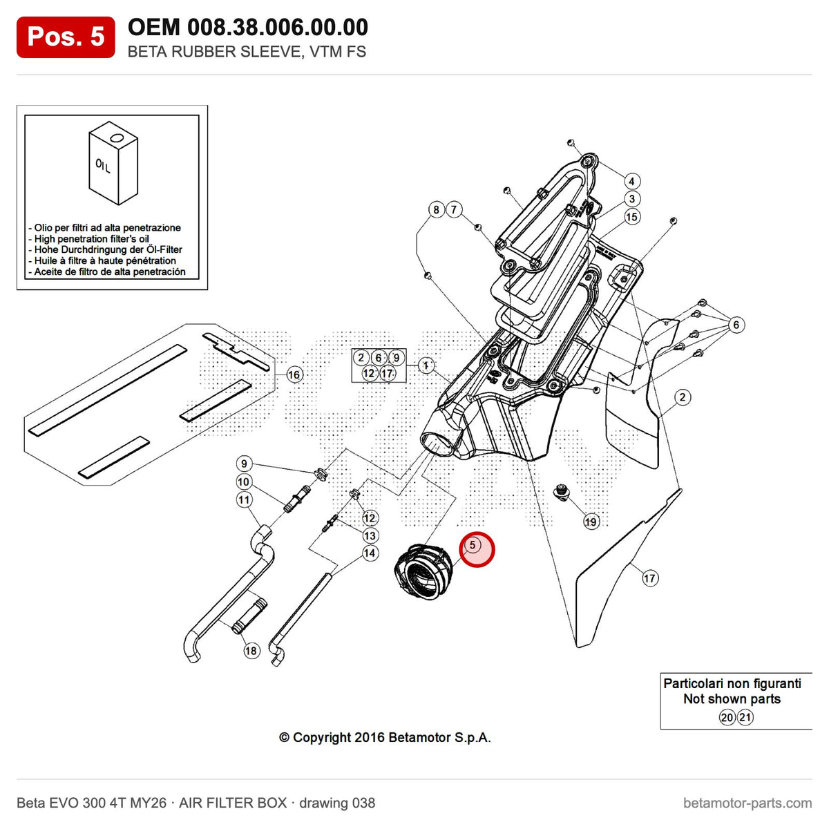 BETA RUBBER SLEEVE, VTM FS – OEM 008.38.006.00.00, position 5 on the Beta EVO 300 4T MY26 air filter box drawing