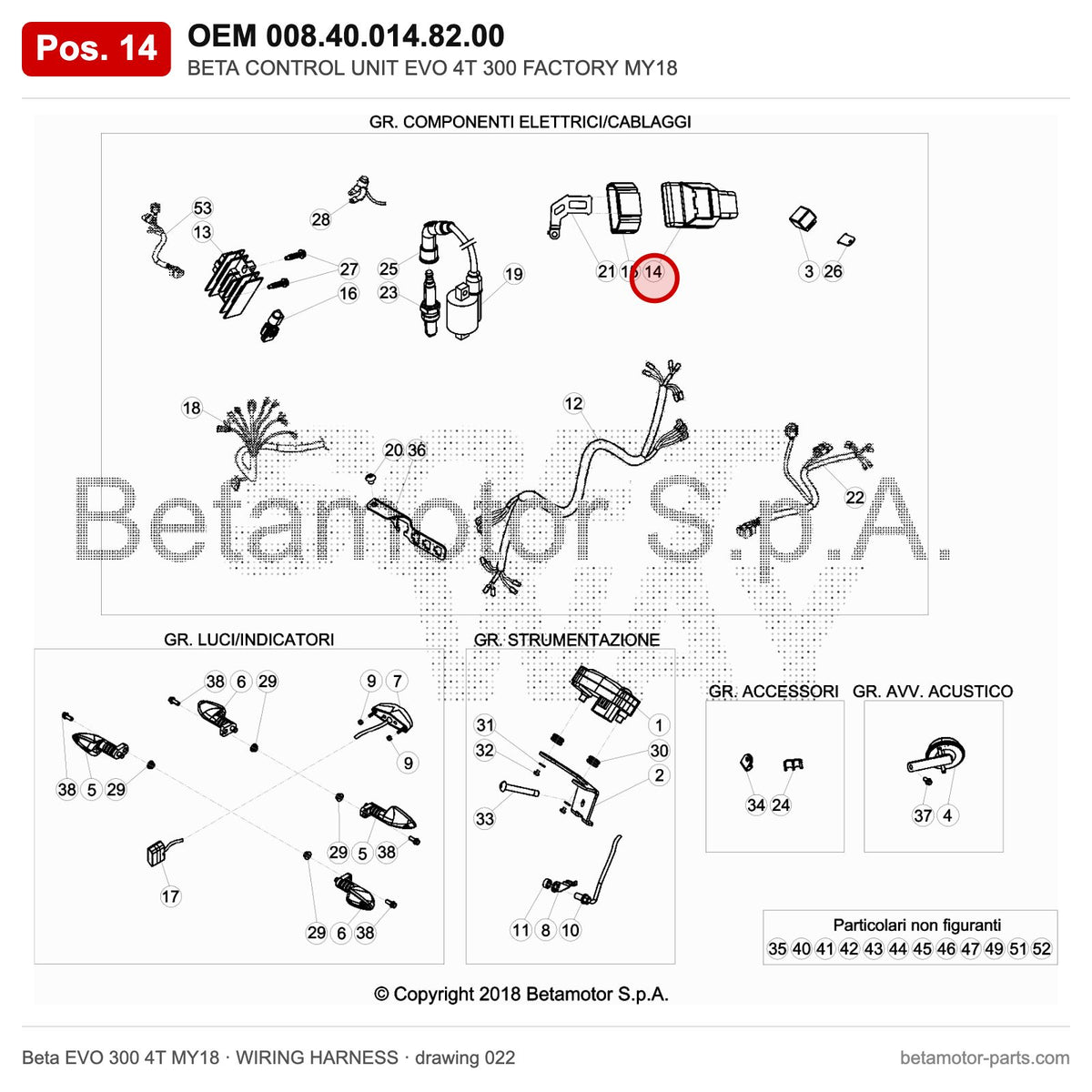 BETA CONTROL UNIT EVO 4T 300 FACTORY MY18 – OEM 008.40.014.82.00, position 14 on the Beta EVO 300 4T MY18 wiring harness drawing