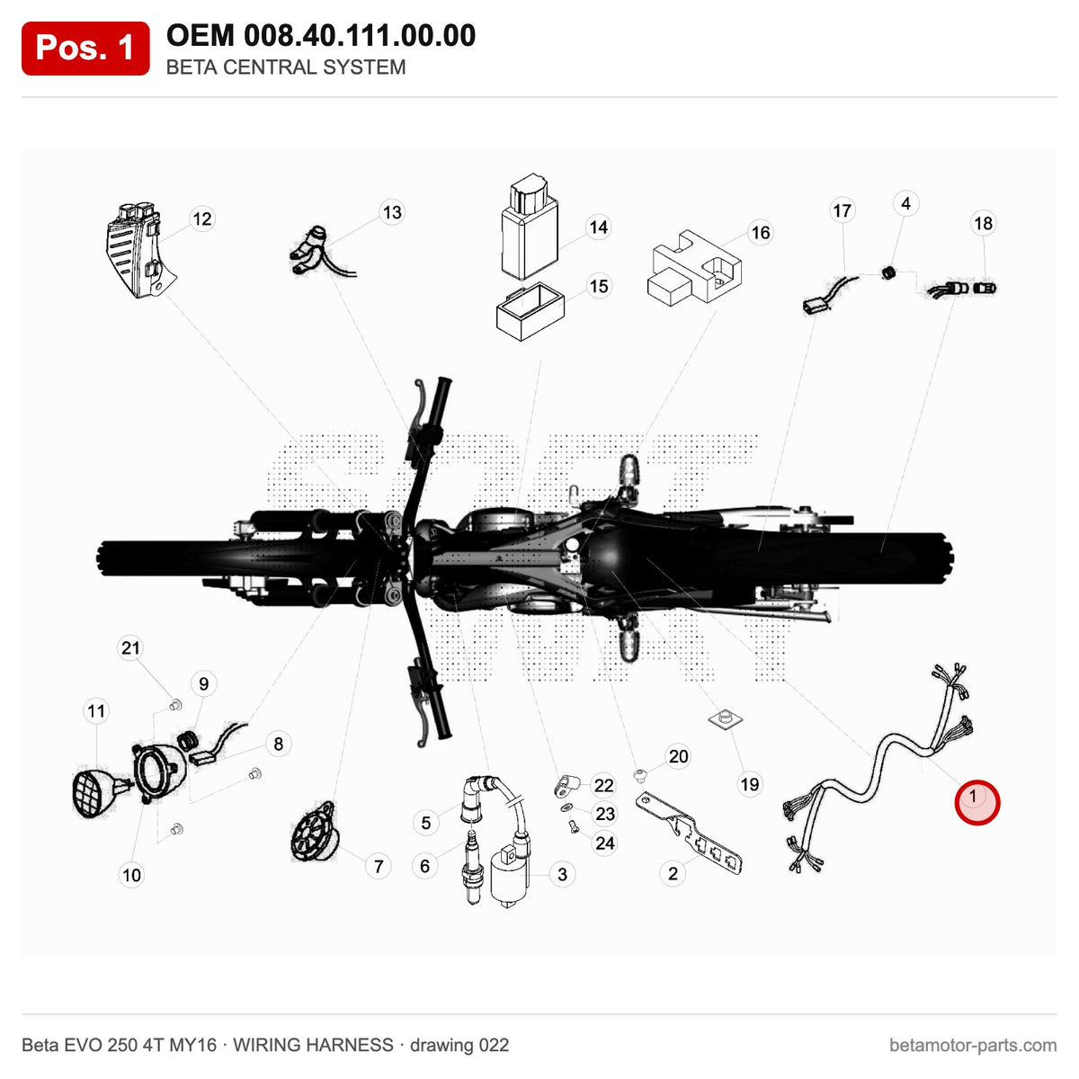 BETA CENTRAL SYSTEM – OEM 008.40.111.00.00, position 1 on the Beta EVO 250 4T MY16 wiring harness drawing