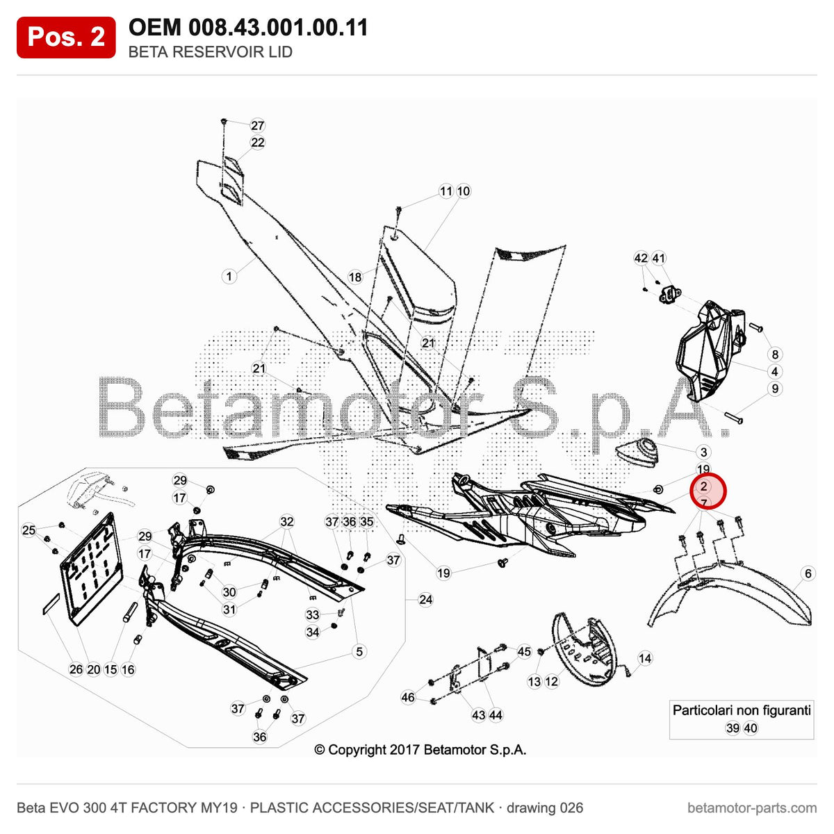 BETA RESERVOIR LID – OEM 008.43.001.00.11, position 2 on the Beta EVO 300 4T FACTORY MY19 plastic accessories/seat/tank drawing