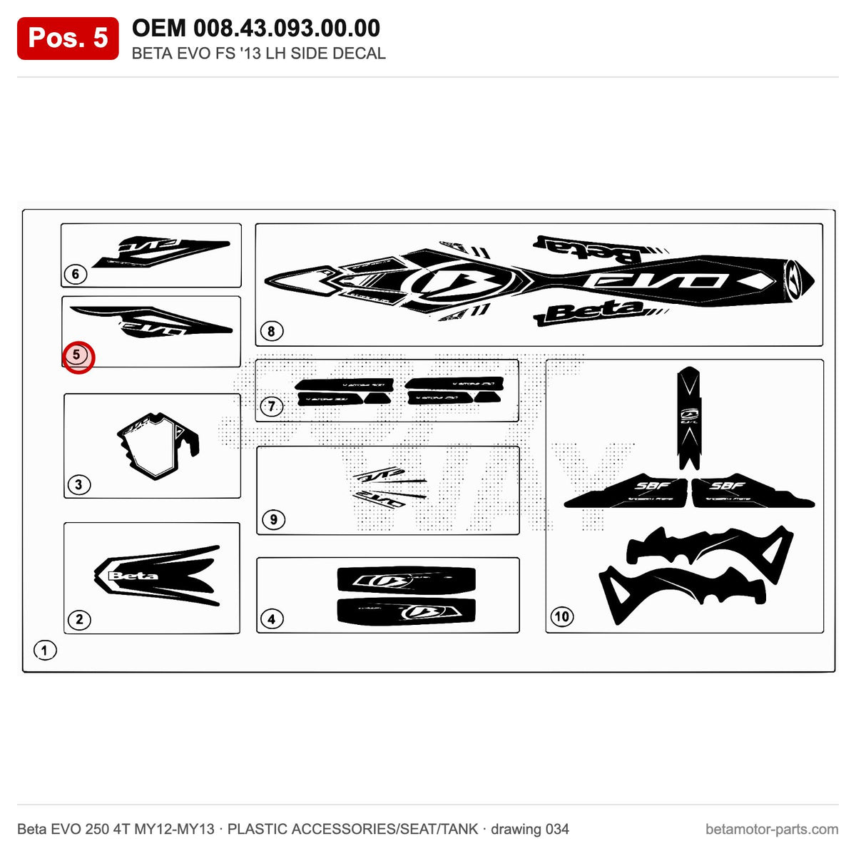 BETA EVO FS '13 LH SIDE DECAL – OEM 008.43.093.00.00, position 5 on the Beta EVO 250 4T MY12-MY13 plastic accessories/seat/tank drawing