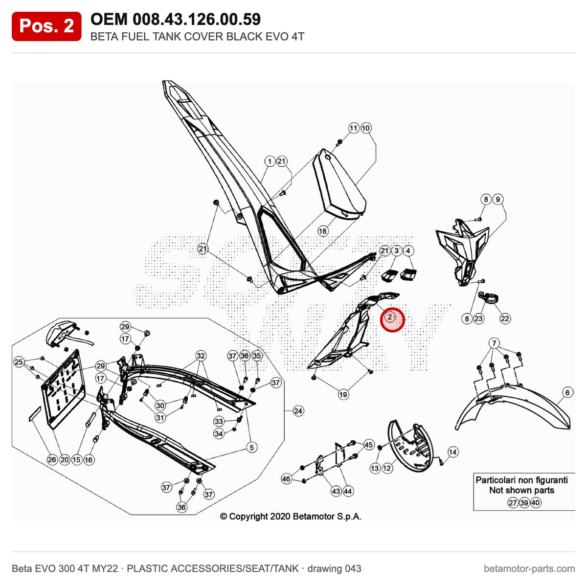 BETA FUEL TANK COVER BLACK EVO 4T – OEM 008.43.126.00.59, position 2 on the Beta EVO 300 4T MY22 plastic accessories/seat/tank drawing