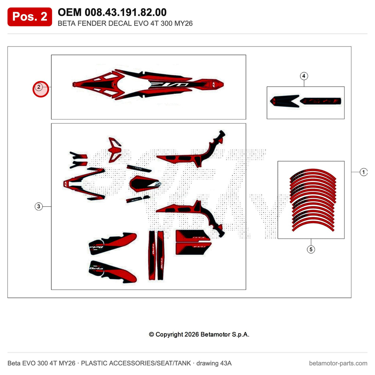 BETA FENDER DECAL EVO 4T 300 MY26 – OEM 008.43.191.82.00, position 2 on the Beta EVO 300 4T MY26 plastic accessories/seat/tank drawing
