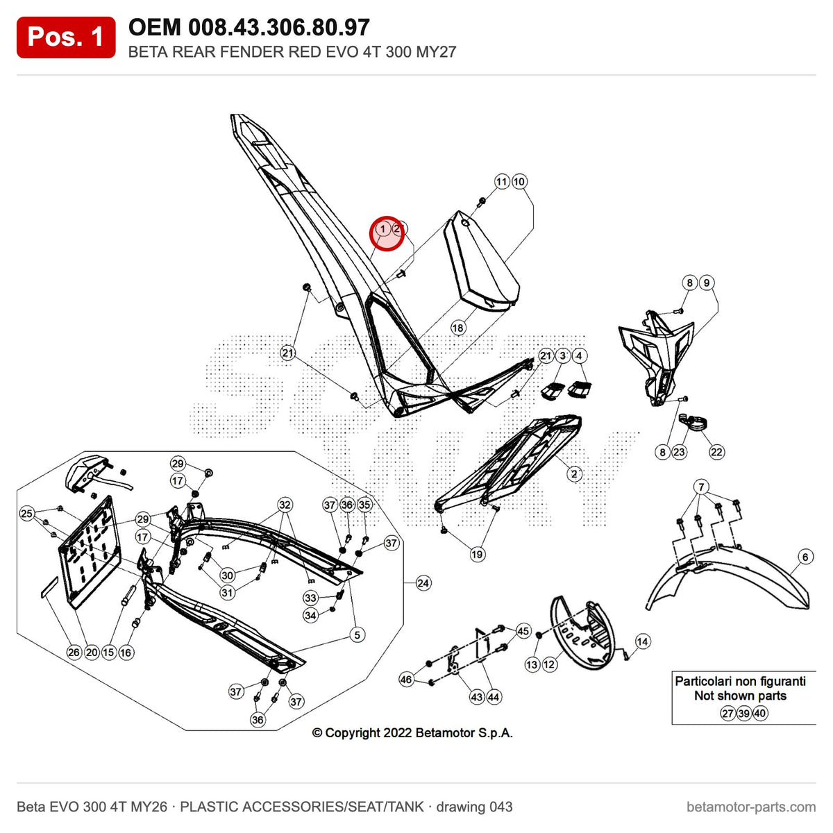 BETA REAR FENDER RED EVO 4T 300 MY27 – OEM 008.43.306.80.97, position 1 on the Beta EVO 300 4T MY26 plastic accessories/seat/tank drawing