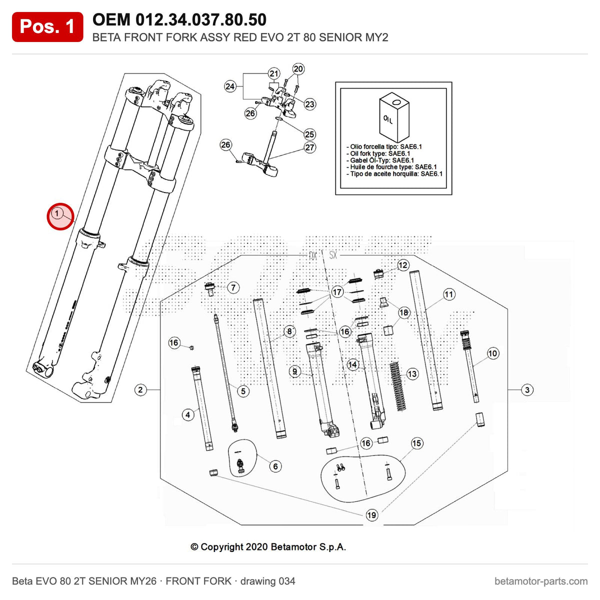 BETA FRONT FORK ASSY RED EVO 2T 80 SENIOR MY2 – OEM 012.34.037.80.50, position 1 on the Beta EVO 80 2T SENIOR MY26 front fork drawing