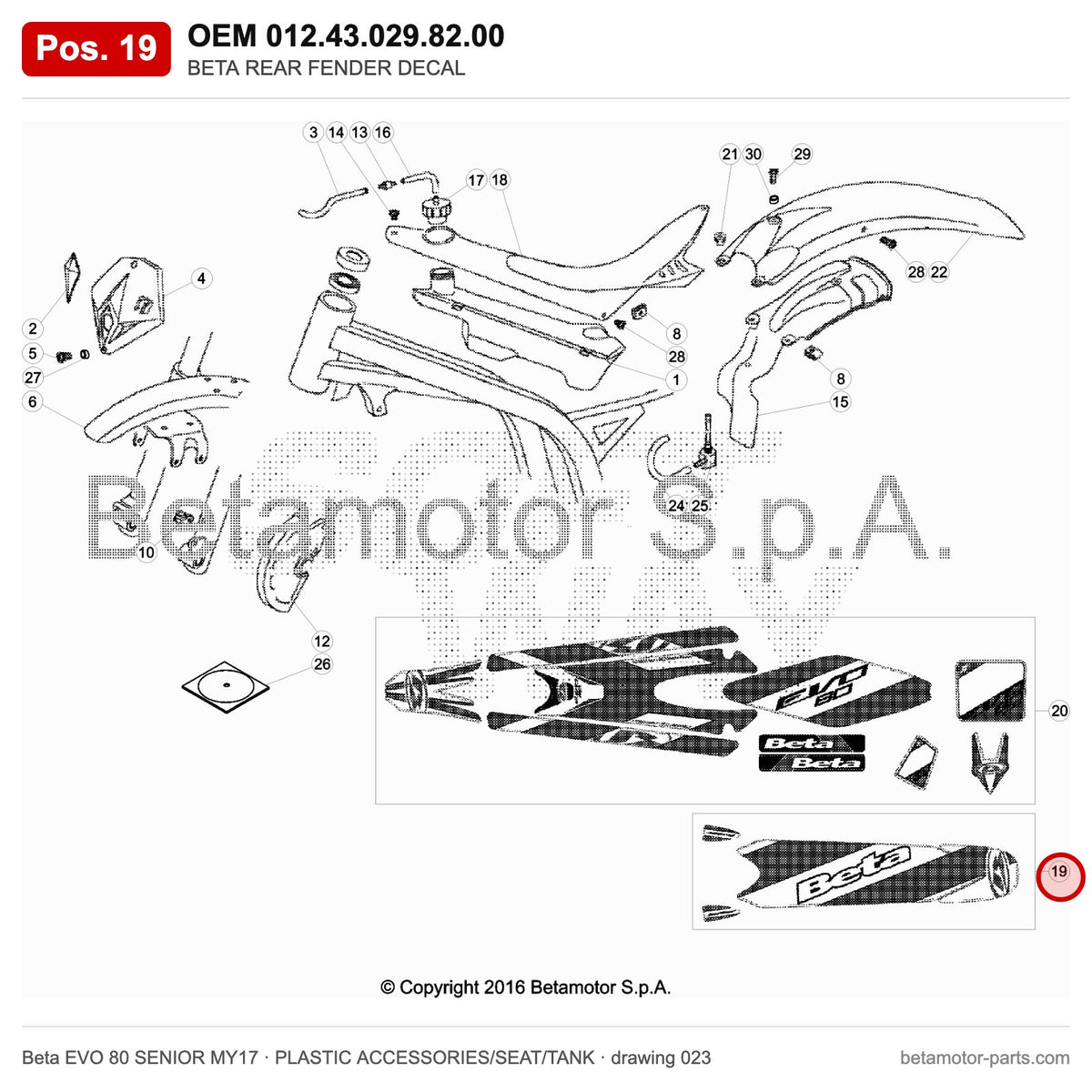 BETA REAR FENDER DECAL – OEM 012.43.029.82.00, position 19 on the Beta EVO 80 SENIOR MY17 plastic accessories/seat/tank drawing