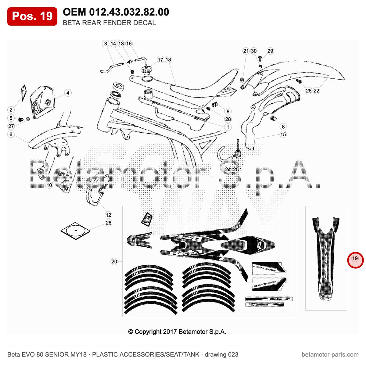 BETA REAR FENDER DECAL – OEM 012.43.032.82.00, position 19 on the Beta EVO 80 SENIOR MY18 plastic accessories/seat/tank drawing