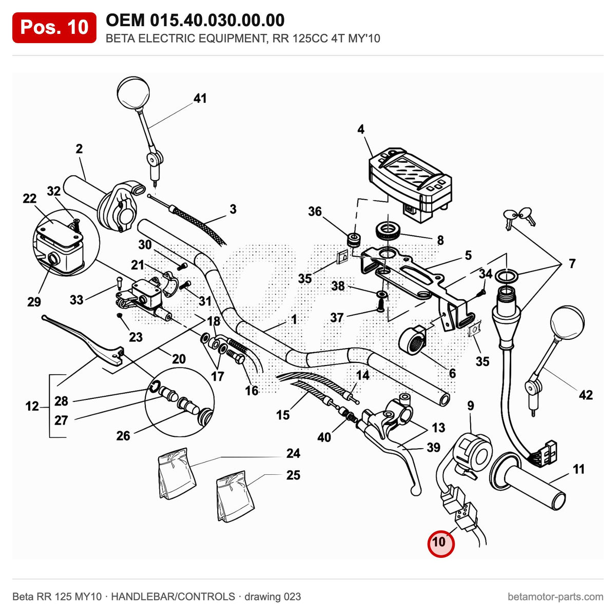 BETA ELECTRIC EQUIPMENT, RR 125CC 4T MY'10 – OEM 015.40.030.00.00, position 10 on the Beta RR 125 MY10 handlebar/controls drawing