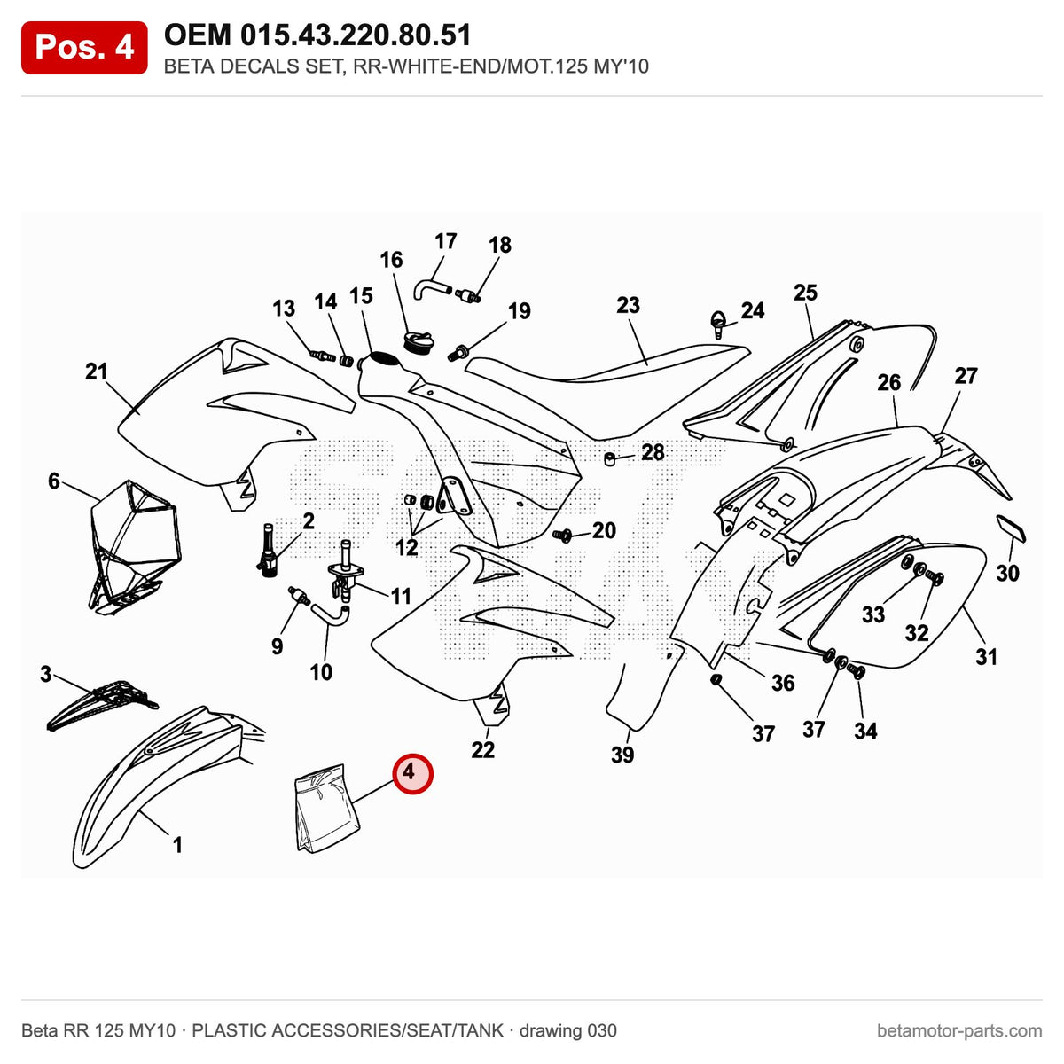 BETA DECALS SET, RR-WHITE-END/MOT.125 MY'10 – OEM 015.43.220.80.51, position 4 on the Beta RR 125 MY10 plastic accessories/seat/tank drawing