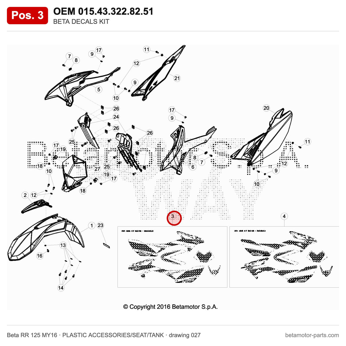 BETA DECALS KIT – OEM 015.43.322.82.51, position 3 on the Beta RR 125 MY16 plastic accessories/seat/tank drawing