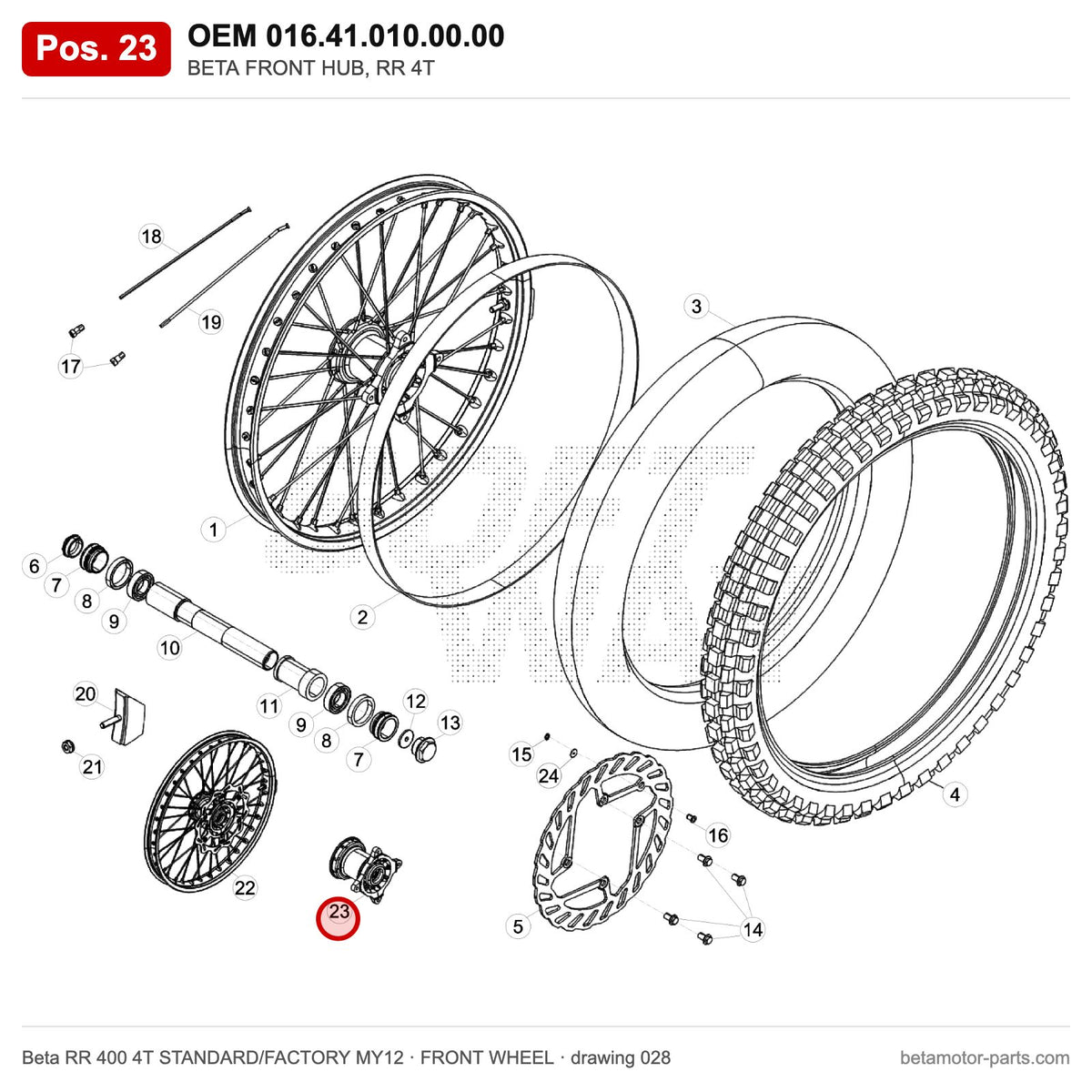 BETA FRONT HUB, RR 4T – OEM 016.41.010.00.00, position 23 on the Beta RR 400 4T STANDARD/FACTORY MY12 front wheel drawing