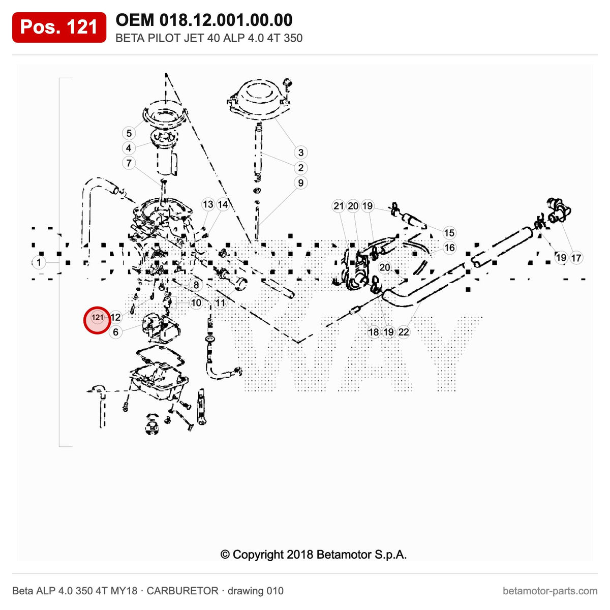 BETA PILOT JET 40 ALP 4.0 4T 350 – OEM 018.12.001.00.00, position 121 on the Beta ALP 4.0 350 4T MY18 carburetor drawing
