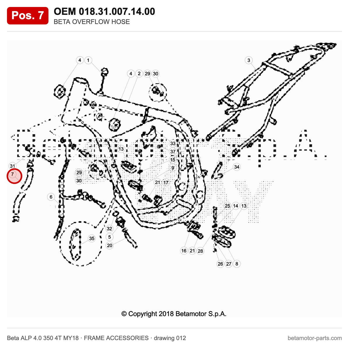 BETA OVERFLOW HOSE – OEM 018.31.007.14.00, position 7 on the Beta ALP 4.0 350 4T MY18 frame accessories drawing