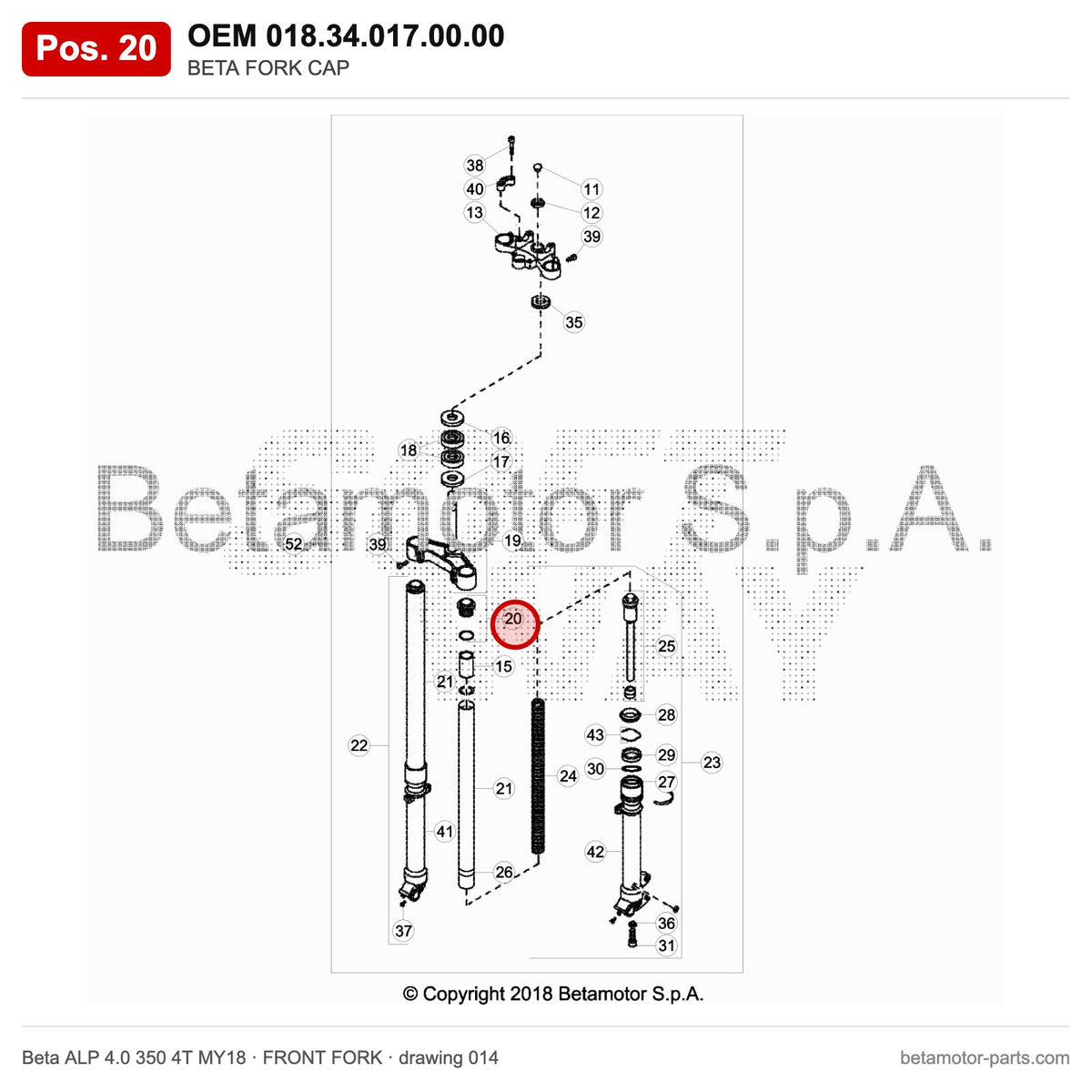 BETA FORK CAP – OEM 018.34.017.00.00, position 20 on the Beta ALP 4.0 350 4T MY18 front fork drawing