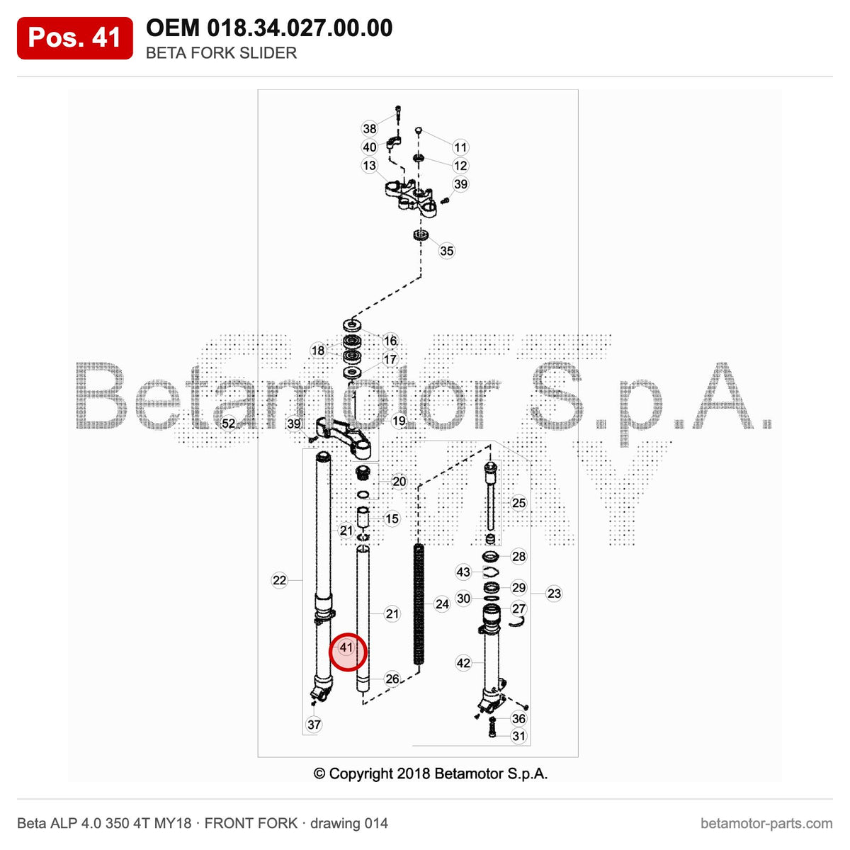 BETA FORK SLIDER – OEM 018.34.027.00.00, position 41 on the Beta ALP 4.0 350 4T MY18 front fork drawing