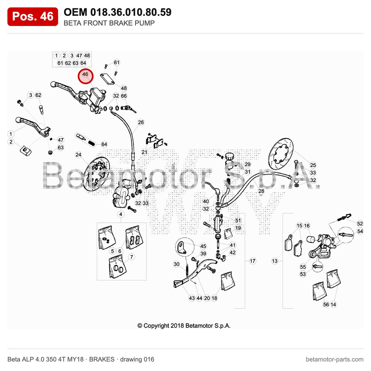 BETA FRONT BRAKE PUMP – OEM 018.36.010.80.59, position 46 on the Beta ALP 4.0 350 4T MY18 brakes drawing