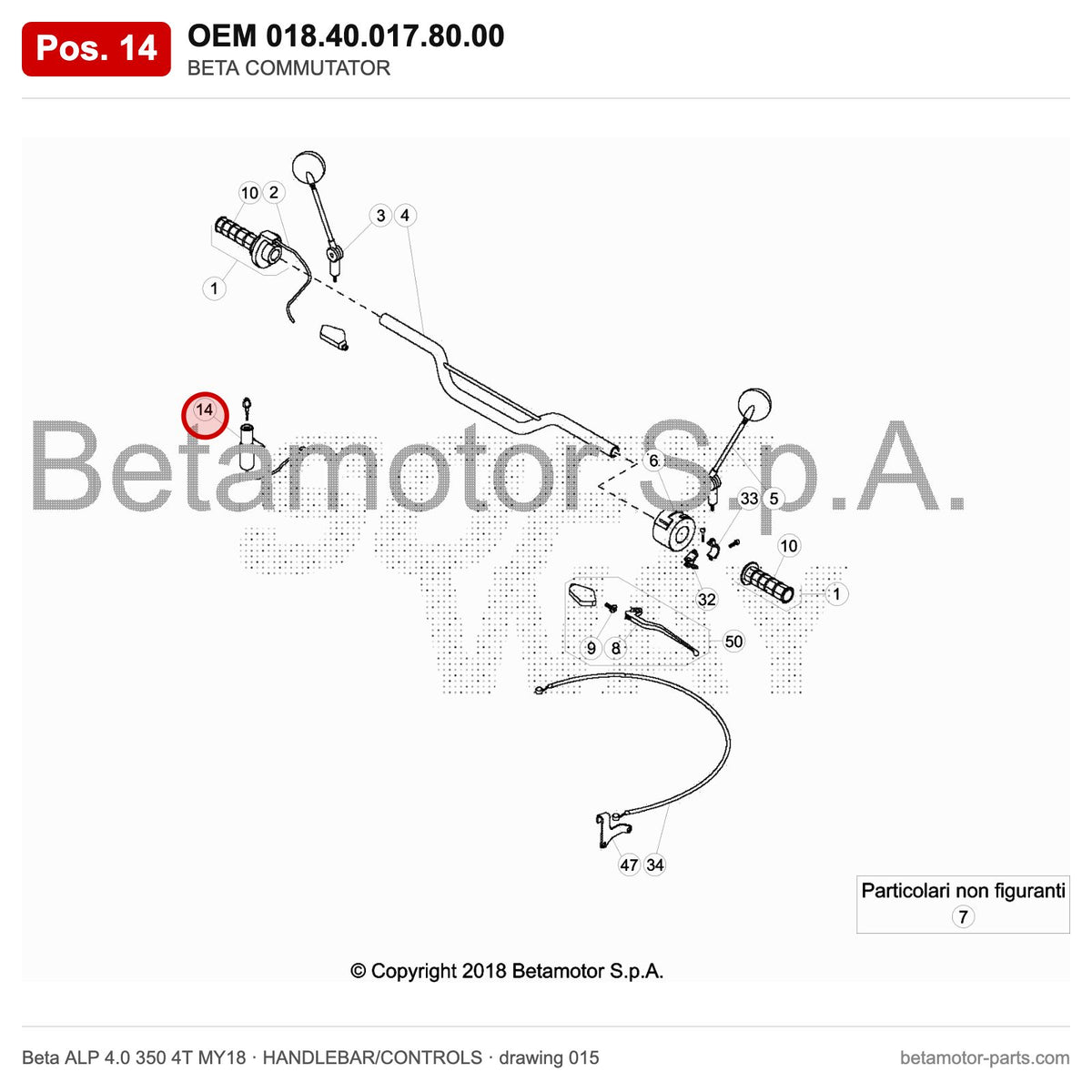 BETA COMMUTATOR – OEM 018.40.017.80.00, position 14 on the Beta ALP 4.0 350 4T MY18 handlebar/controls drawing
