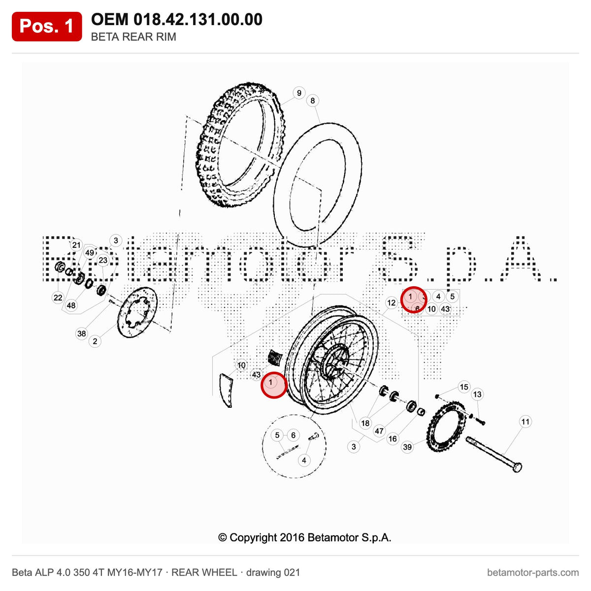 BETA REAR RIM – OEM 018.42.131.00.00, position 1 on the Beta ALP 4.0 350 4T MY16-MY17 rear wheel drawing