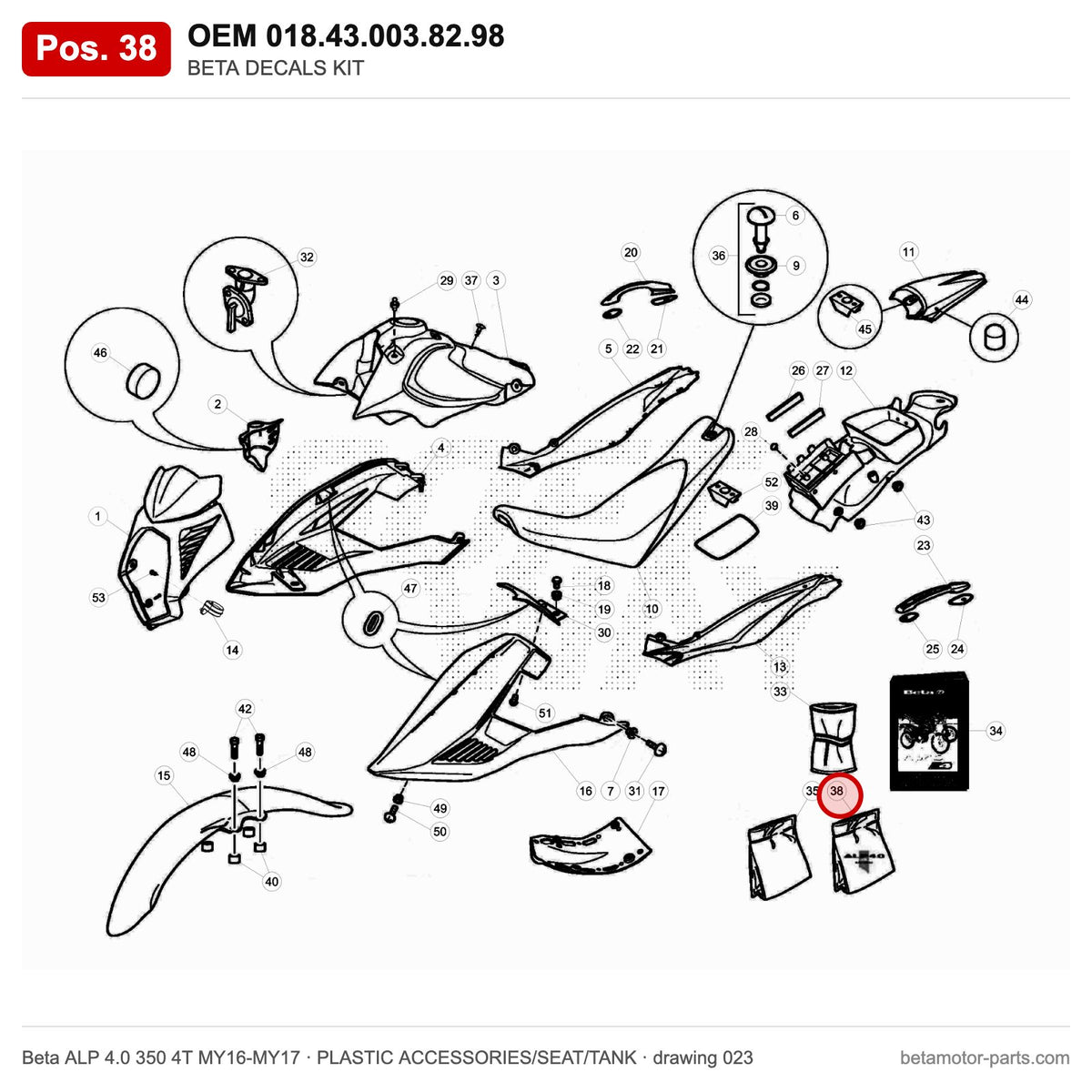 BETA DECALS KIT – OEM 018.43.003.82.98, position 38 on the Beta ALP 4.0 350 4T MY16-MY17 plastic accessories/seat/tank drawing