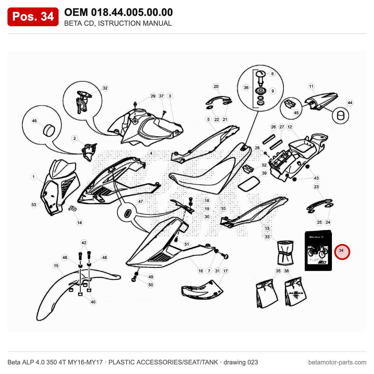 BETA CD, ISTRUCTION MANUAL – OEM 018.44.005.00.00, position 34 on the Beta ALP 4.0 350 4T MY16-MY17 plastic accessories/seat/tank drawing