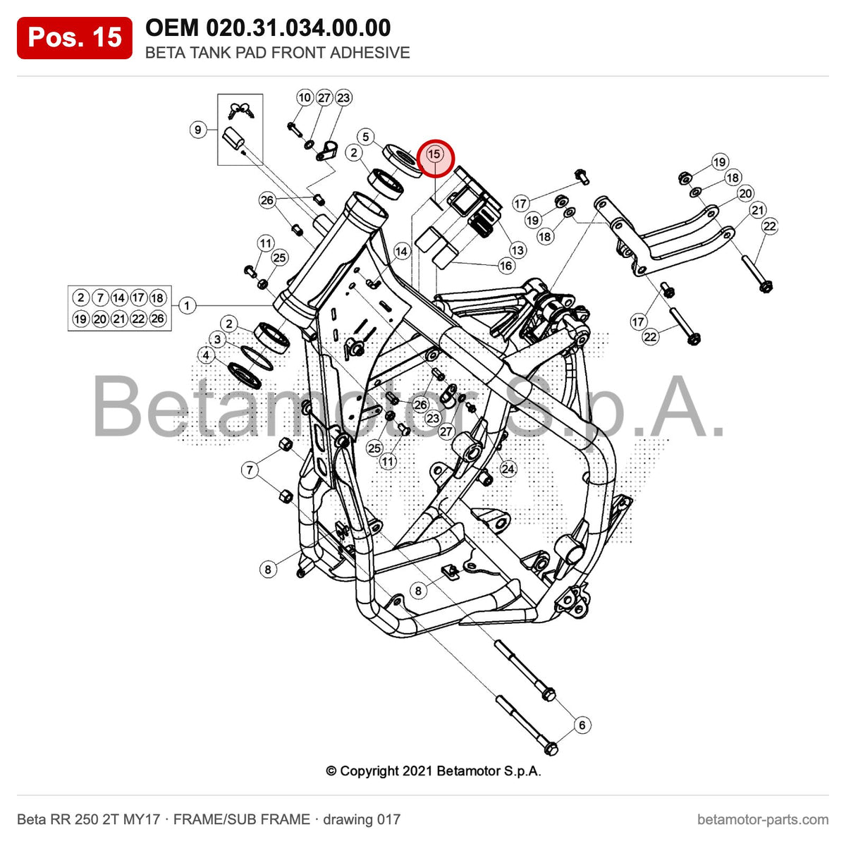 BETA TANK PAD FRONT ADHESIVE – OEM 020.31.034.00.00, position 15 on the Beta RR 250 2T MY17 frame/sub frame drawing