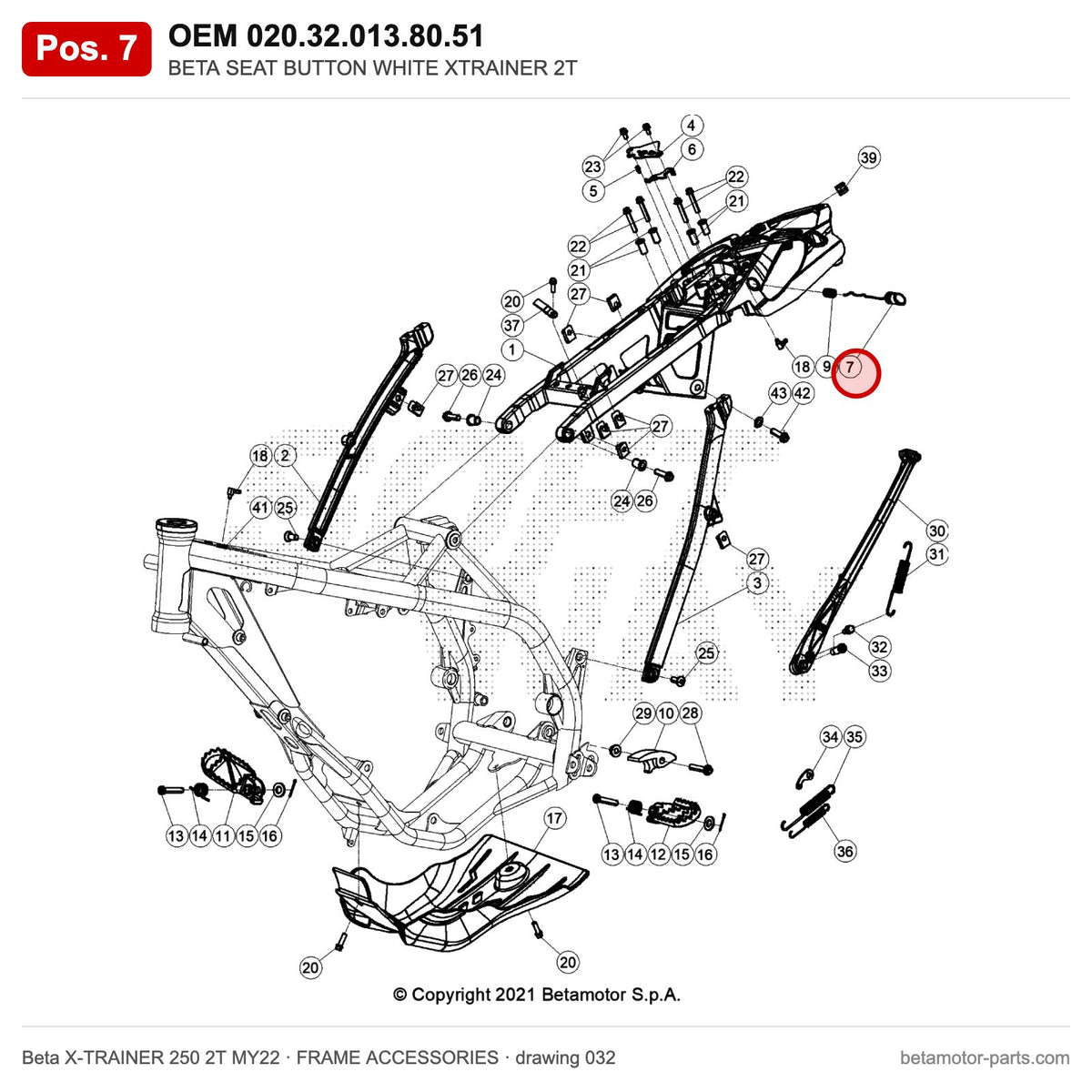 BETA SEAT BUTTON WHITE XTRAINER 2T – OEM 020.32.013.80.51, position 7 on the Beta X-TRAINER 250 2T MY22 frame accessories drawing