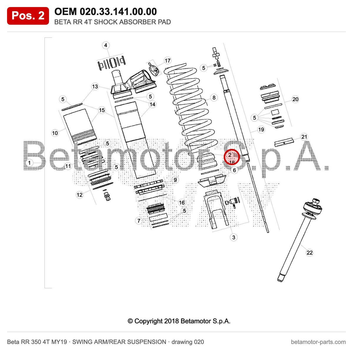 BETA RR 4T SHOCK ABSORBER PAD – OEM 020.33.141.00.00, position 2 on the Beta RR 350 4T MY19 swing arm/rear suspension drawing