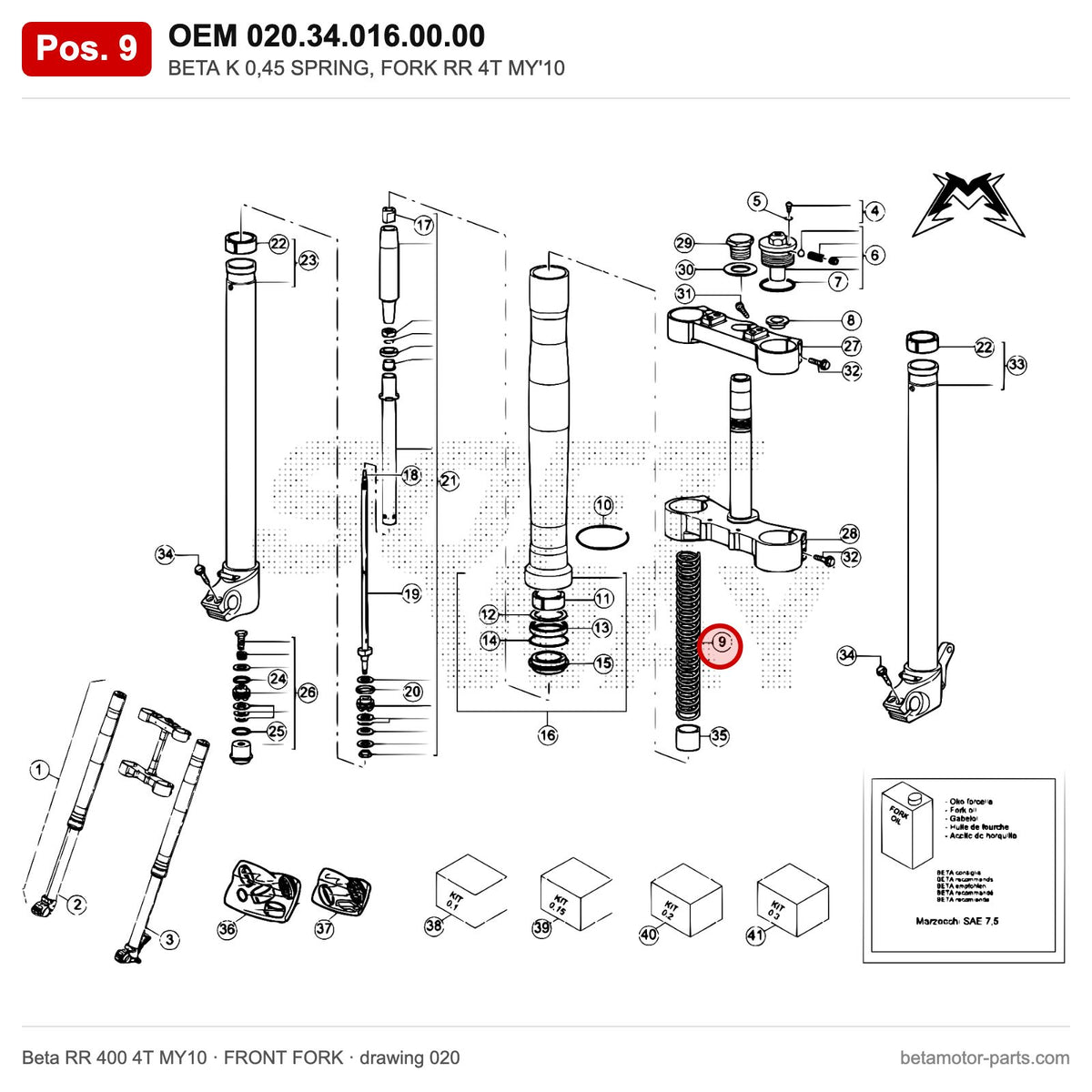 BETA K 0,45 SPRING, FORK RR 4T MY'10 – OEM 020.34.016.00.00, position 9 on the Beta RR 400 4T MY10 front fork drawing