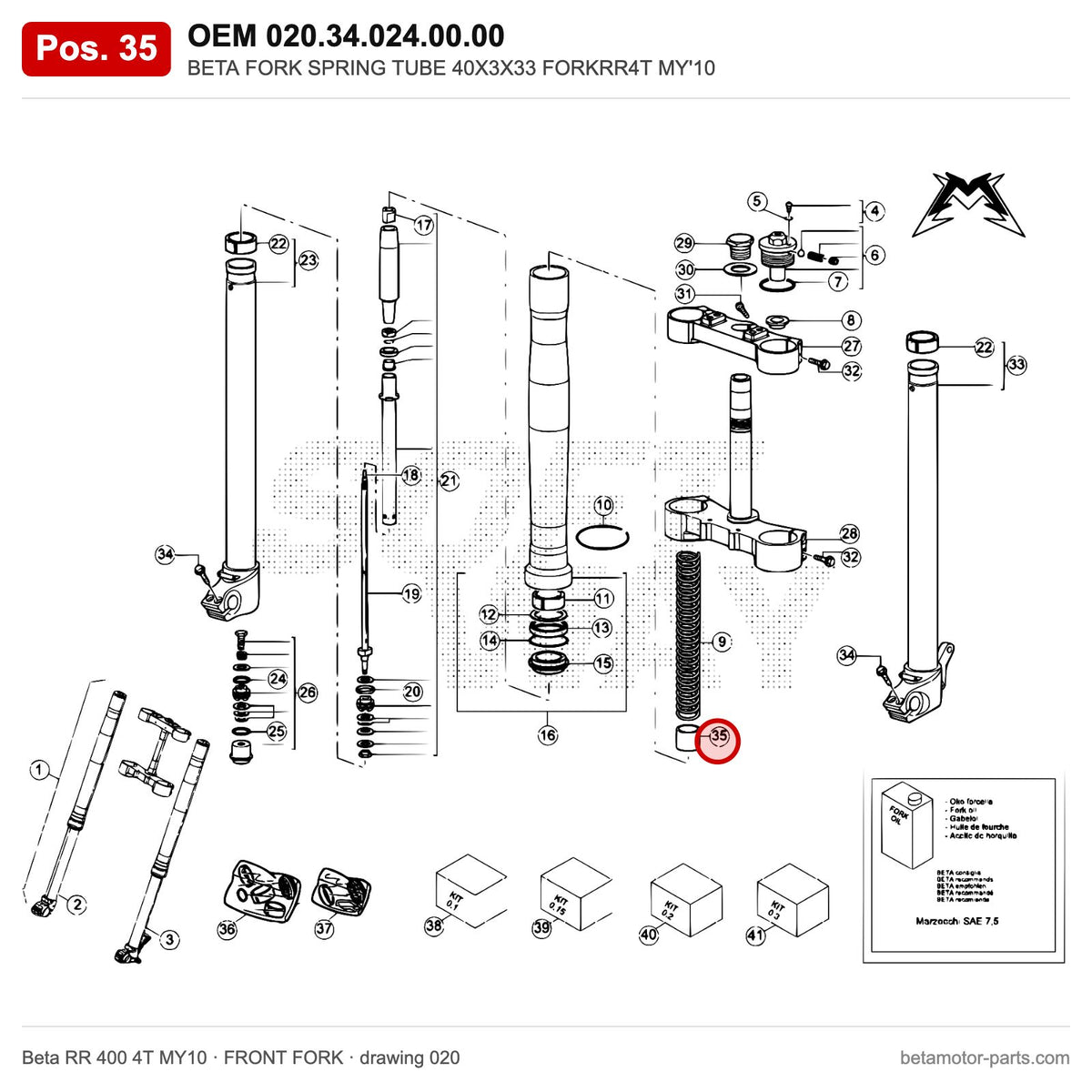 BETA FORK SPRING TUBE 40X3X33 FORKRR4T MY'10 – OEM 020.34.024.00.00, position 35 on the Beta RR 400 4T MY10 front fork drawing